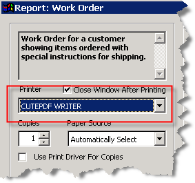 CutePDF printer selection
